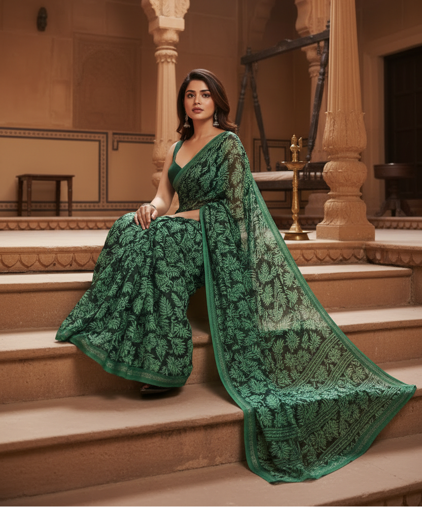 Women's Georgette Printed Saree With Unstitched Blouse 5.5Mtr (Dark Green ) Kashvii