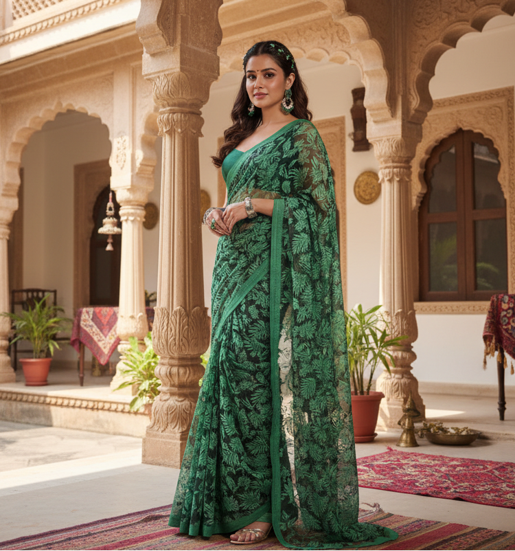 Women's Georgette Printed Saree With Unstitched Blouse 5.5Mtr (Dark Green )