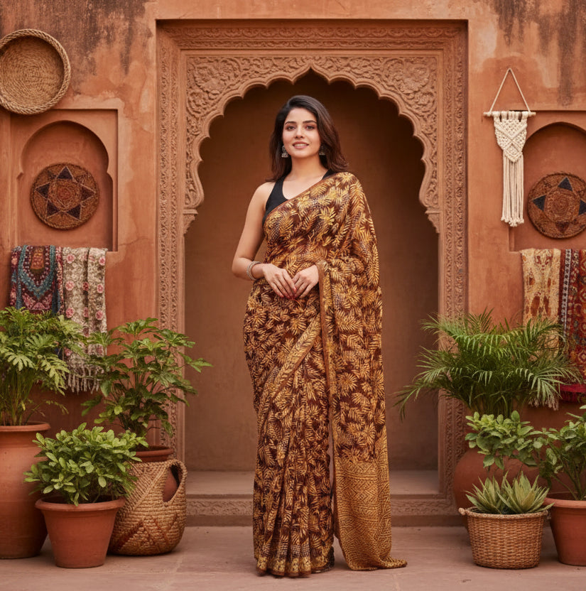Women's Georgette Printed Saree With Unstitched Blouse 5.5Mtr (Yellow ) Kashvii