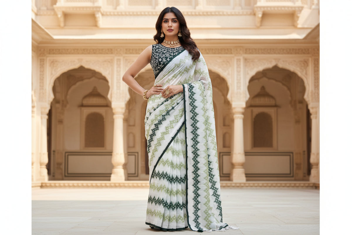 Women's chiffon printed saree with unstitched blouse 5