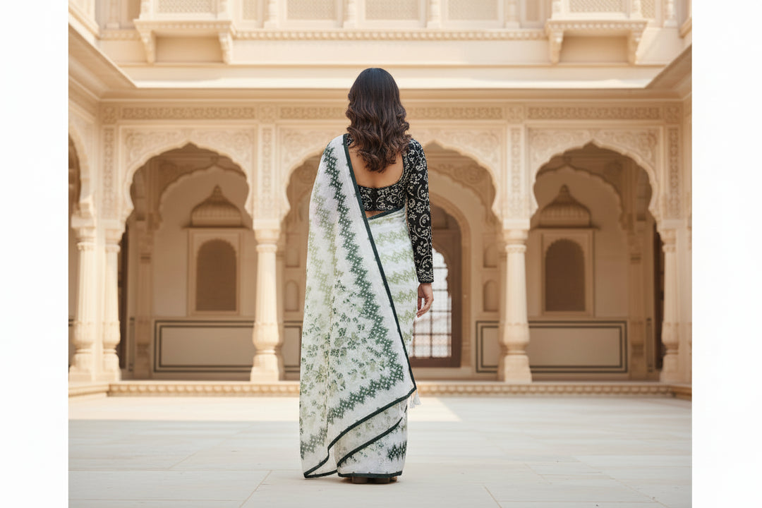 Women's Chiffon Printed Saree With Unstitched Blouse 5.5Mtr (Green)
