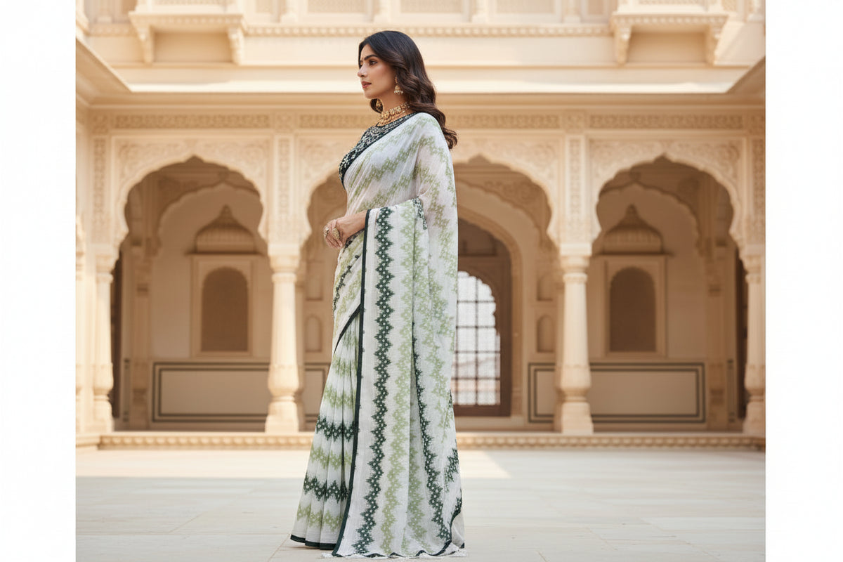Women's chiffon printed saree with unstitched blouse 5