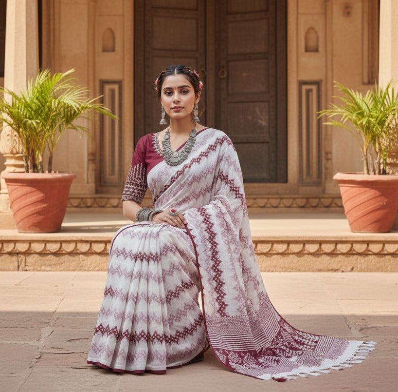 Women's Chiffon Printed Saree With Unstitched Blouse 5.5Mtr (Maroon) Kashvii
