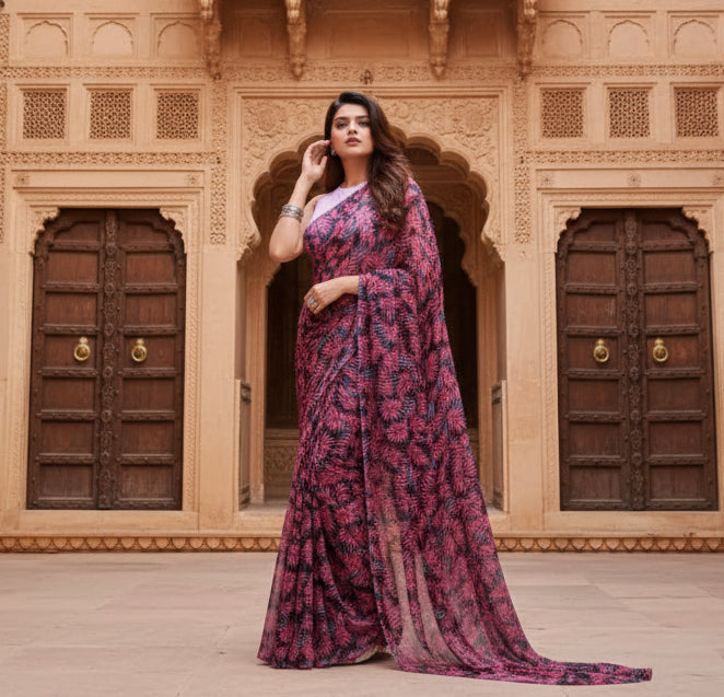 Women's Georgette Printed Saree With Unstitched Blouse 5.5Mtr (Pink) Kashvii