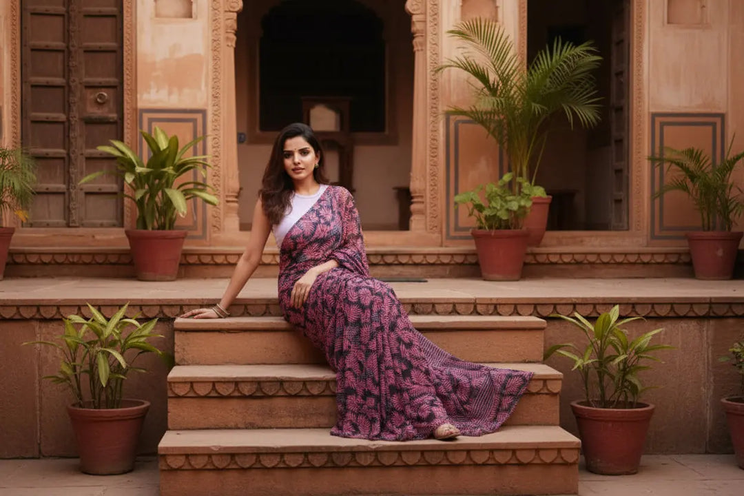 Women's Georgette Printed Saree With Unstitched Blouse 5.5Mtr (Pink) Kashvii