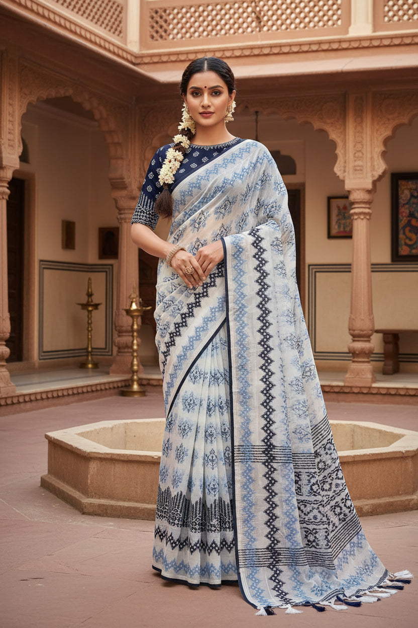 Women's chiffon printed saree with unstitched blouse 5