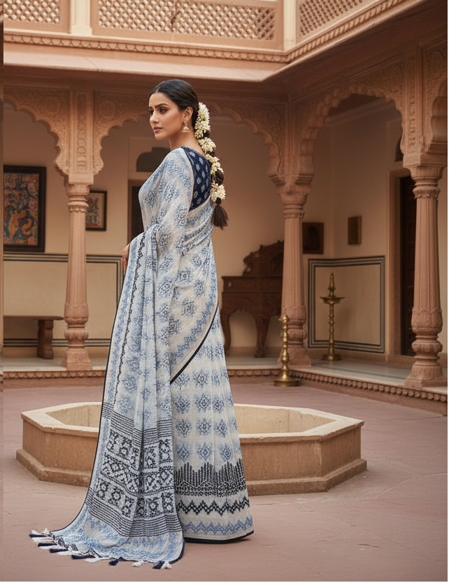 Women's Chiffon Printed Saree With Unstitched Blouse 5.5Mtr (Blue)