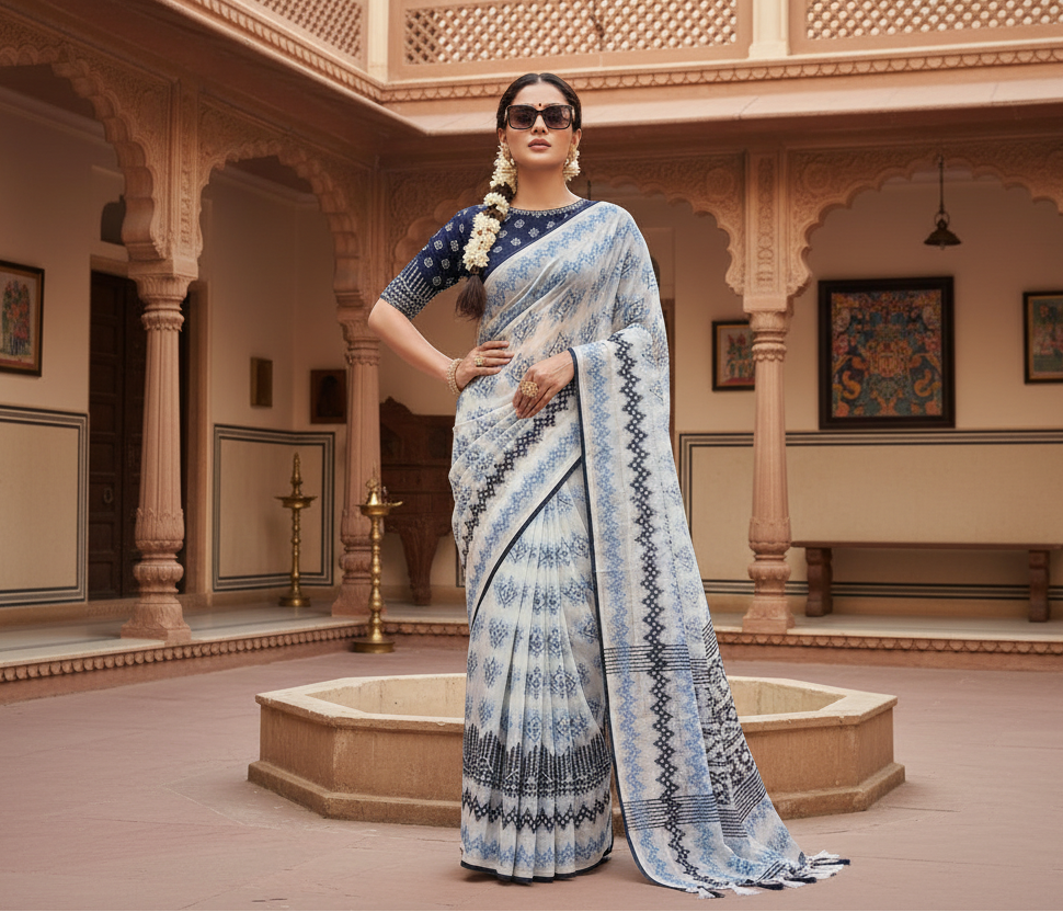 Women's Chiffon Printed Saree With Unstitched Blouse 5.5Mtr (Blue)