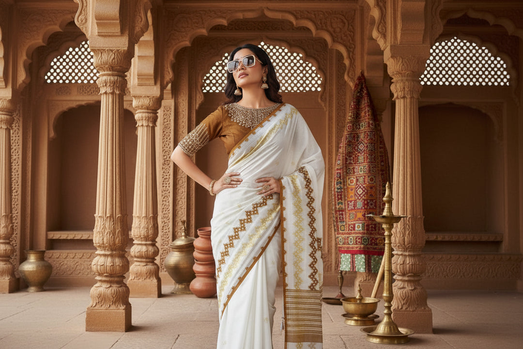 Women's Chiffon Printed Saree With Unstitched Blouse 5.5Mtr (Brown)