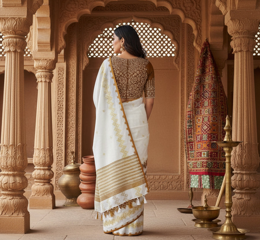 Women's Chiffon Printed Saree With Unstitched Blouse 5.5Mtr (Brown)