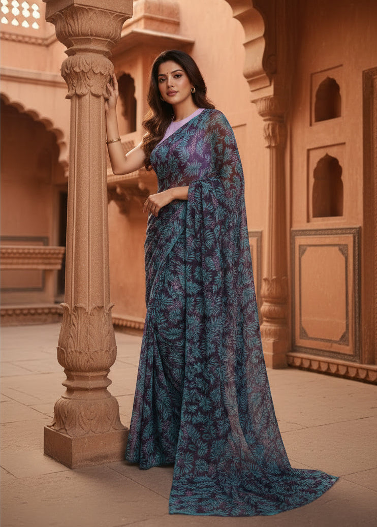 Women's georgette printed saree with unstitched blouse 5