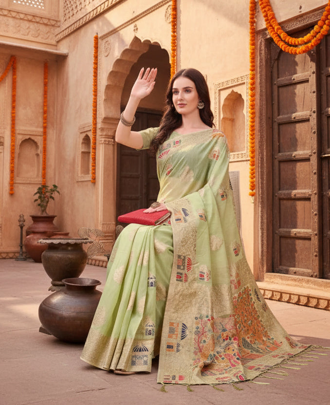 Women's linen cotton printed saree with unstitched blouse 5