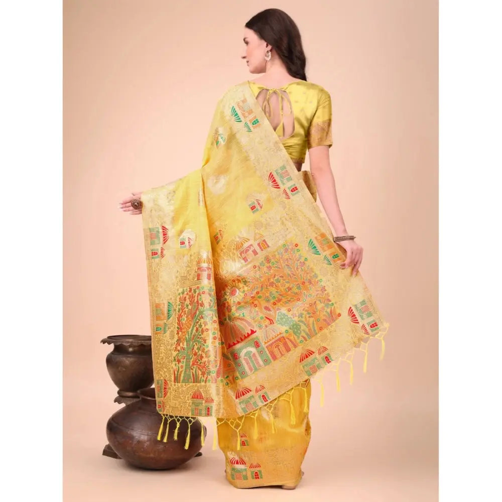 Women's Linen Cotton Printed Saree With Unstitched Blouse 5.5Mtr (Yellow) Kashvii