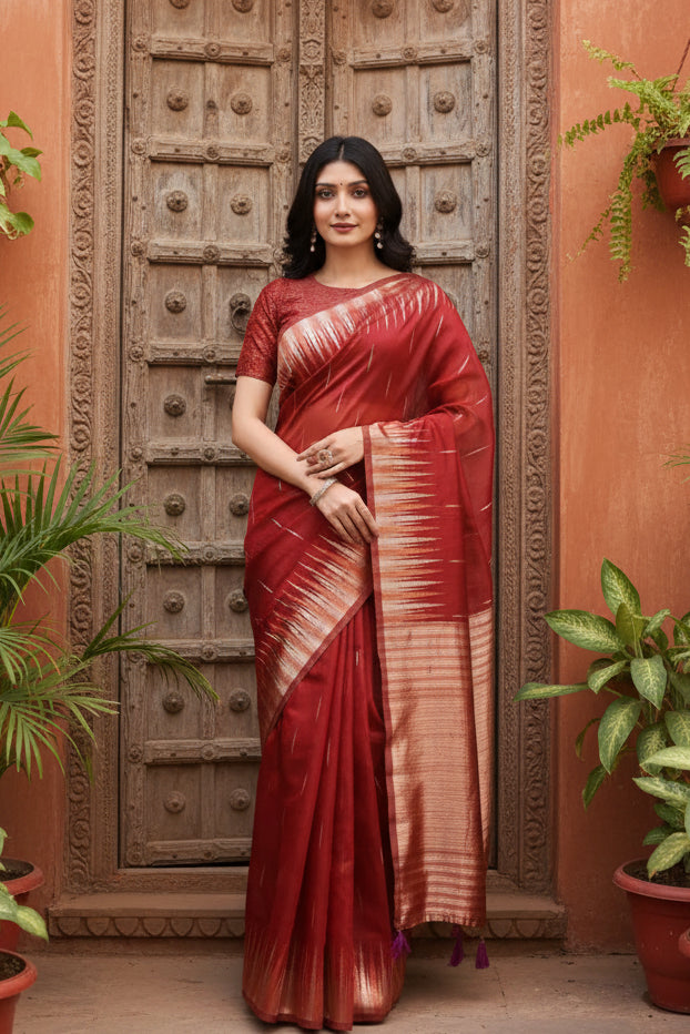 Women's Linen Cotton Printed Saree With Unstitched Blouse 5.5Mtr (Red) Kashvii