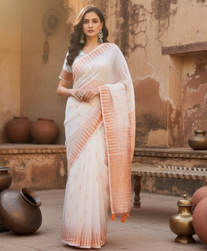 Women's Linen Cotton Printed Saree With Unstitched Blouse 5.5Mtr (White) Kashvii