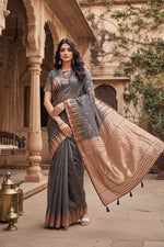Load image into Gallery viewer, Women's Linen Cotton Printed Saree With Unstitched Blouse 5.5Mtr (Grey) Kashvii

