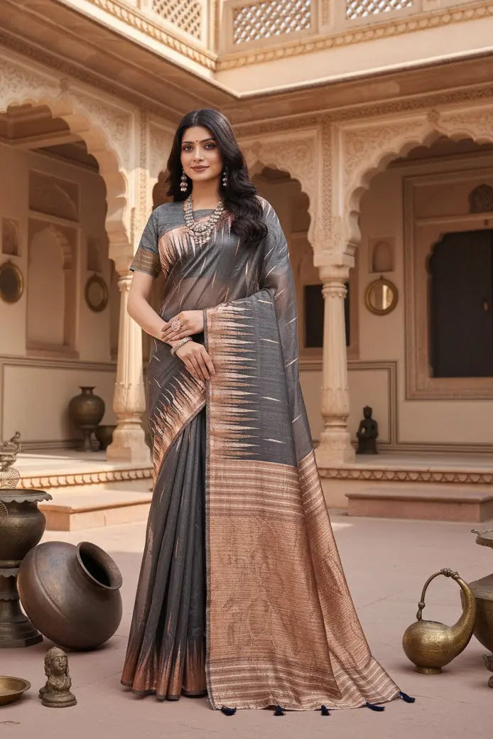 Women's Linen Cotton Printed Saree With Unstitched Blouse 5.5Mtr (Grey) Kashvii