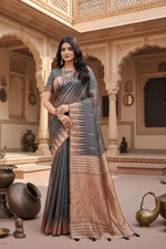 Load image into Gallery viewer, Women's Linen Cotton Printed Saree With Unstitched Blouse 5.5Mtr (Grey) Kashvii

