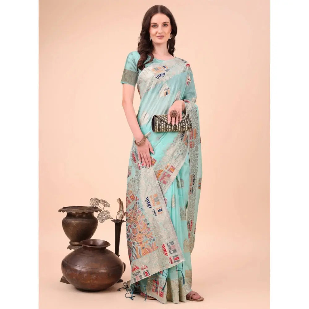 Women's Linen Cotton Printed Saree With Unstitched Blouse 5.5Mtr (Sky Blue) Kashvii