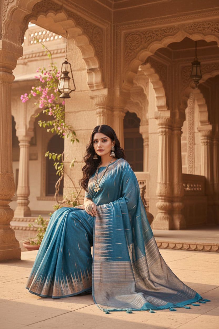 Women's Linen Cotton Printed Saree With Unstitched Blouse 5.5Mtr (Blue) Kashvii