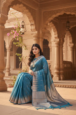 Load image into Gallery viewer, Women's Linen Cotton Printed Saree With Unstitched Blouse 5.5Mtr (Blue) Kashvii
