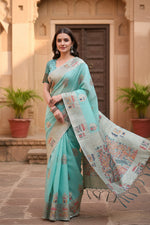 Load image into Gallery viewer, Women's Linen Cotton Printed Saree With Unstitched Blouse 5.5Mtr (Sky Blue) Kashvii
