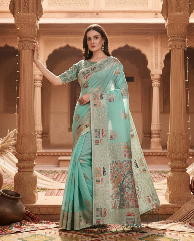 Women's Linen Cotton Printed Saree With Unstitched Blouse 5.5Mtr (Sky Blue) Kashvii