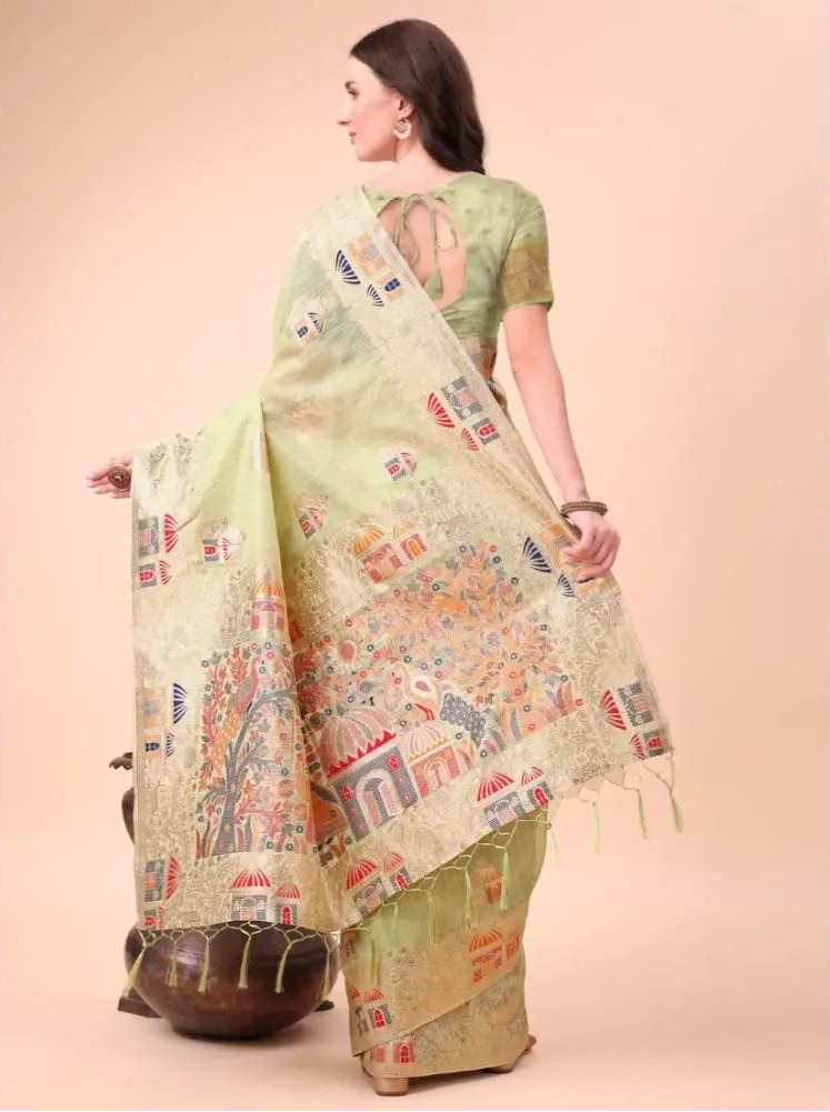 Women's Linen Cotton Printed Saree With Unstitched Blouse 5.5Mtr (Light Green) Kashvii