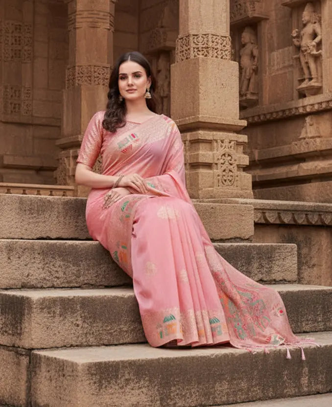 Women's Linen Cotton Printed Saree With Unstitched Blouse 5.5Mtr (Pink) Kashvii