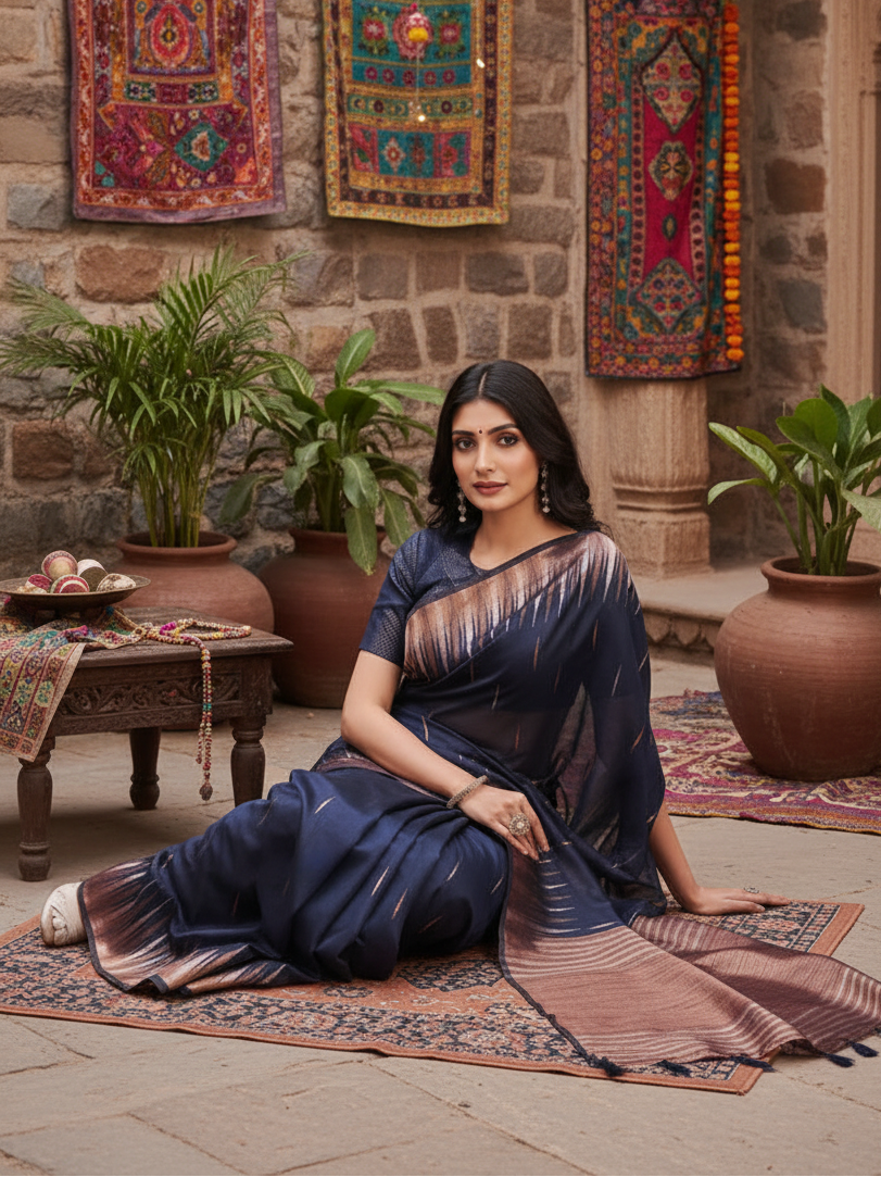 Women's Linen Cotton Printed Saree With Unstitched Blouse 5.5Mtr (Navy Blue) Kashvii