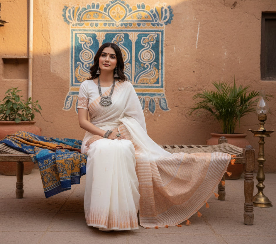 Women's Linen Cotton Printed Saree With Unstitched Blouse 5.5Mtr (White) Kashvii