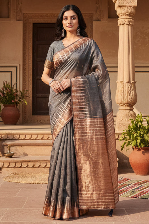 Women's linen cotton printed saree with unstitched blouse 5