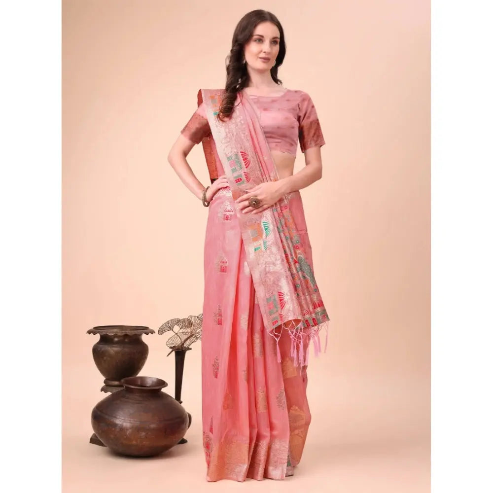 Women's Linen Cotton Printed Saree With Unstitched Blouse 5.5Mtr (Pink) Kashvii