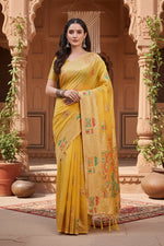 Load image into Gallery viewer, Women's Linen Cotton Printed Saree With Unstitched Blouse 5.5Mtr (Yellow) Kashvii
