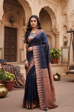 Load image into Gallery viewer, Women's Linen Cotton Printed Saree With Unstitched Blouse 5.5Mtr (Navy Blue) Kashvii
