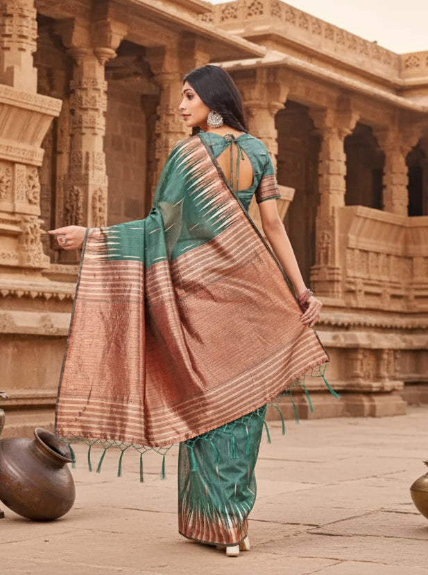 Women's Linen Cotton Printed Saree With Unstitched Blouse 5.5Mtr (Green) Kashvii