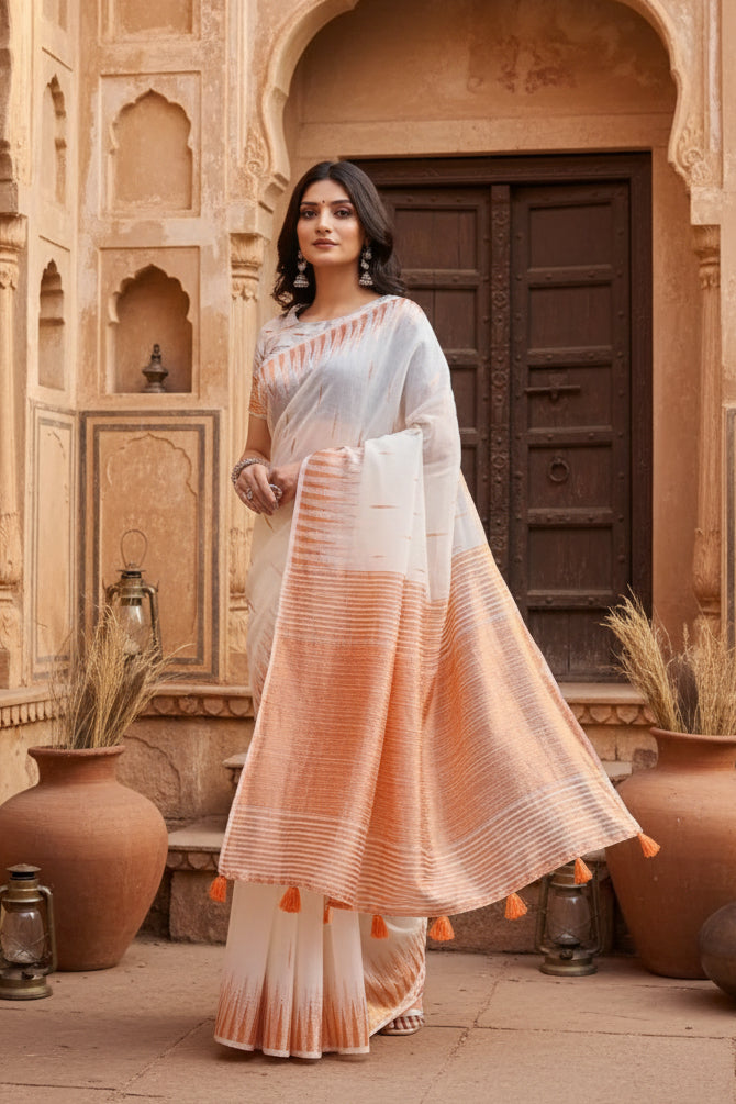 Women's Linen Cotton Printed Saree With Unstitched Blouse 5.5Mtr (White) Kashvii