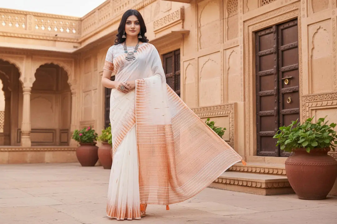 Women's Linen Cotton Printed Saree With Unstitched Blouse 5.5Mtr (White) Kashvii