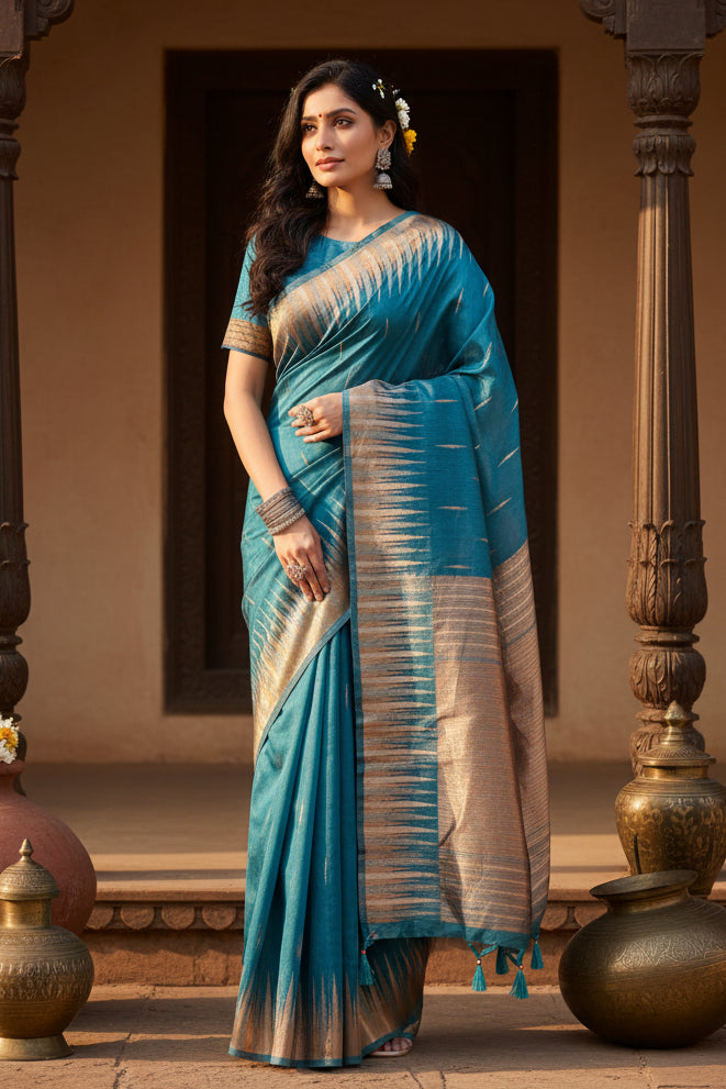 Women's Linen Cotton Printed Saree With Unstitched Blouse 5.5Mtr (Blue) Kashvii