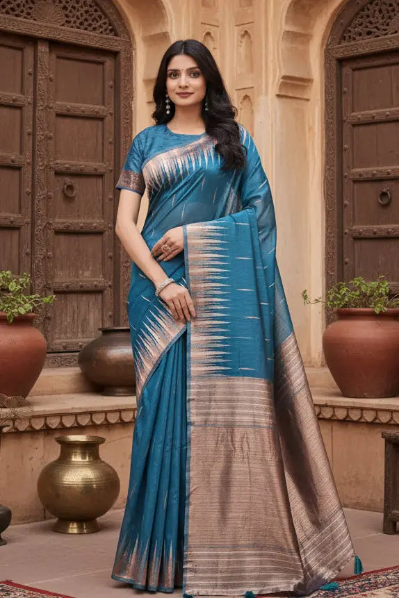 Women's Linen Cotton Printed Saree With Unstitched Blouse 5.5Mtr (Blue) Kashvii