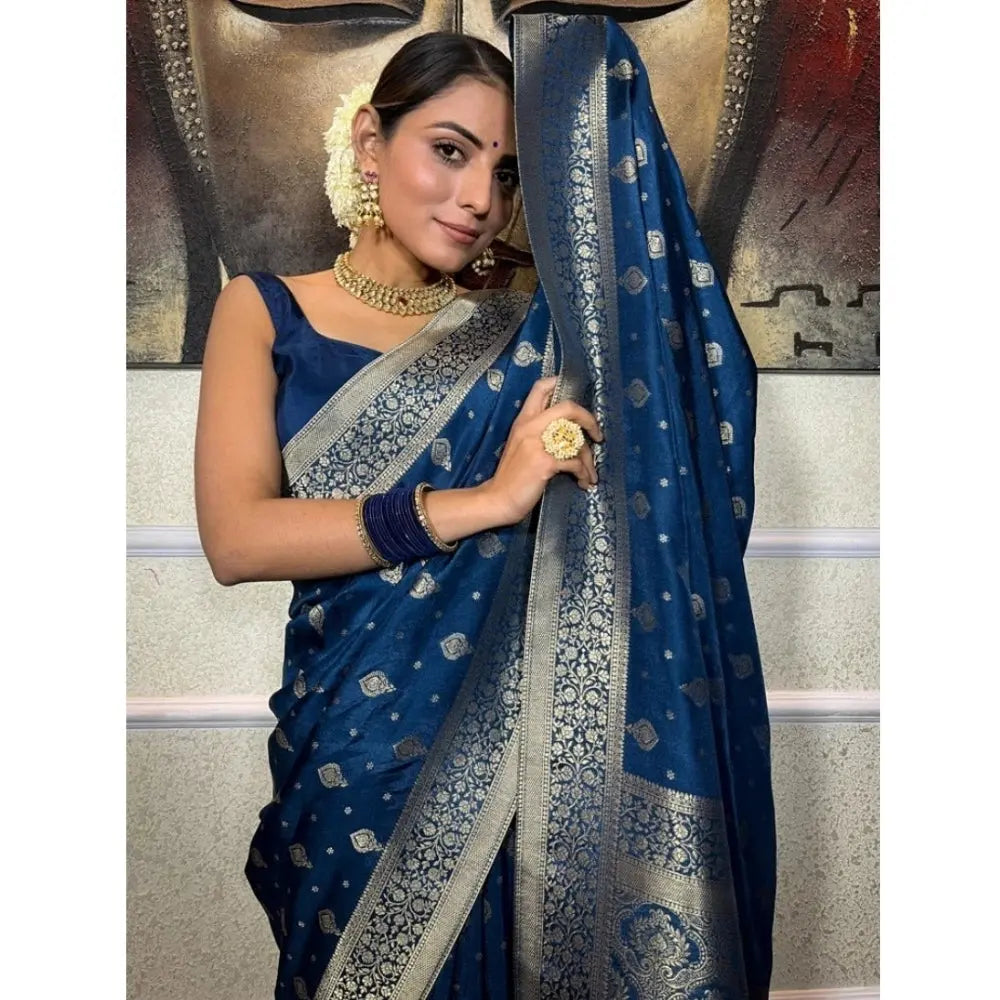 Women's Rama Silk Printed Saree With Unstitched Blouse -5.5Mtr Kashvii
