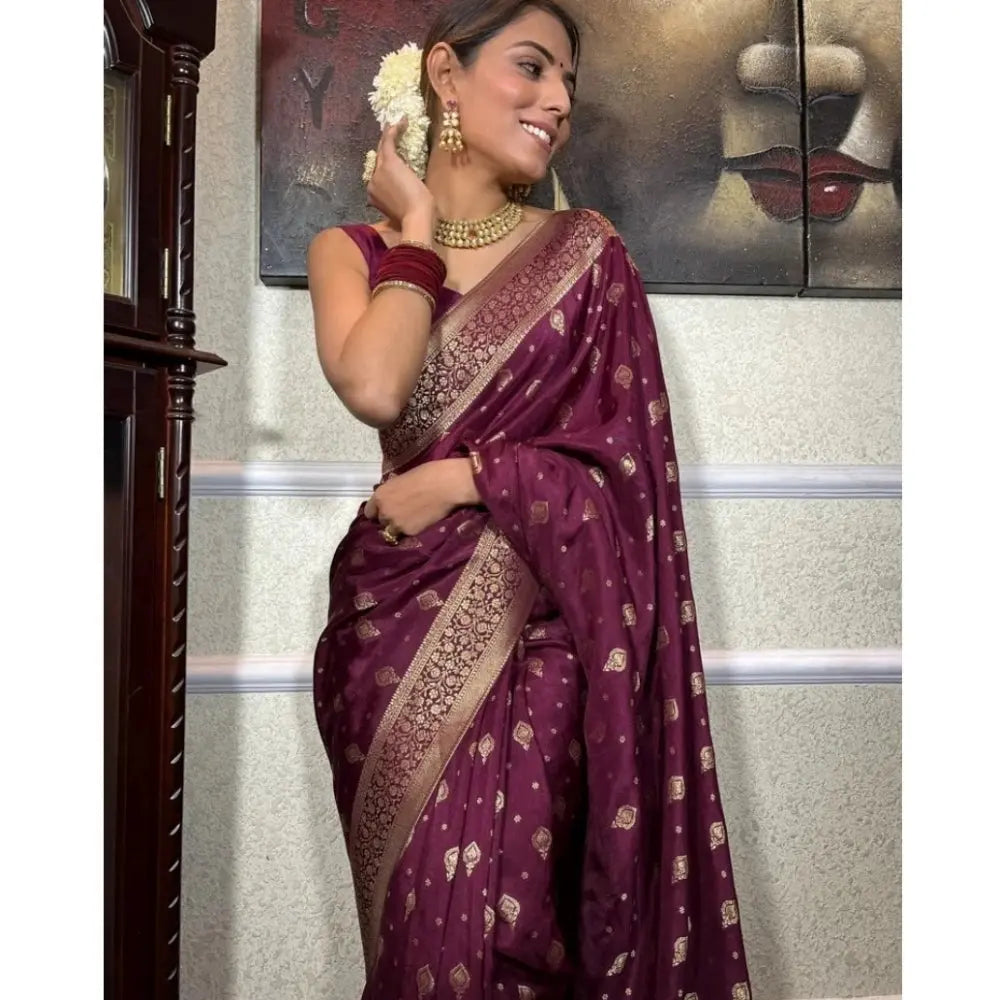 Women's Silk Printed Saree With Unstitched Blouse 5.5Mtr (Wine) Kashvii