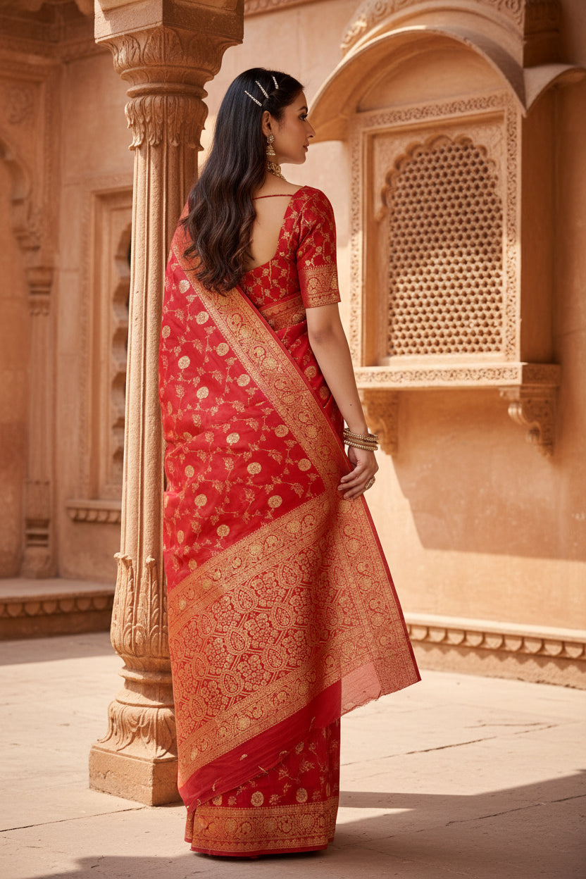 Women's Red Silk Printed Saree With Unstitched Blouse -5.5Mtr Kashvii