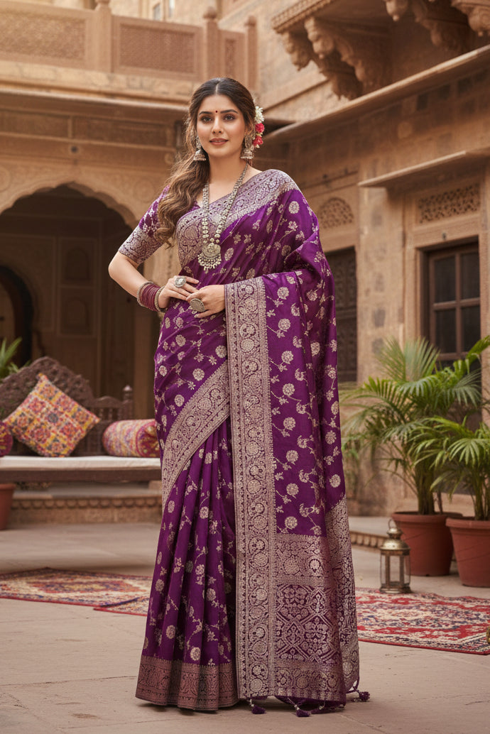 Women's Silk Printed Saree With Unstitched Blouse 5.5Mtr (Purple) Kashvii