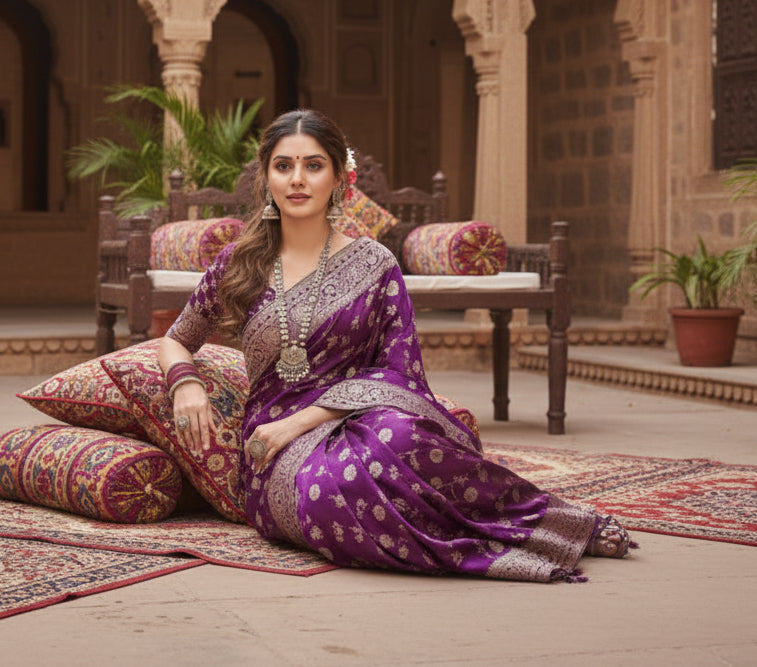 Women's silk printed saree with unstitched blouse 5