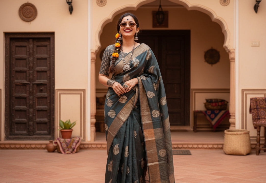 Women's Black Silk Printed Saree With Unstitched Blouse -5.5Mtr Kashvii