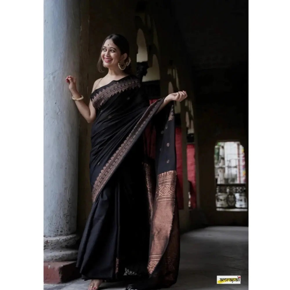 Women's Silk Printed Saree With Unstitched Blouse 5.5Mtr (Black) Kashvii