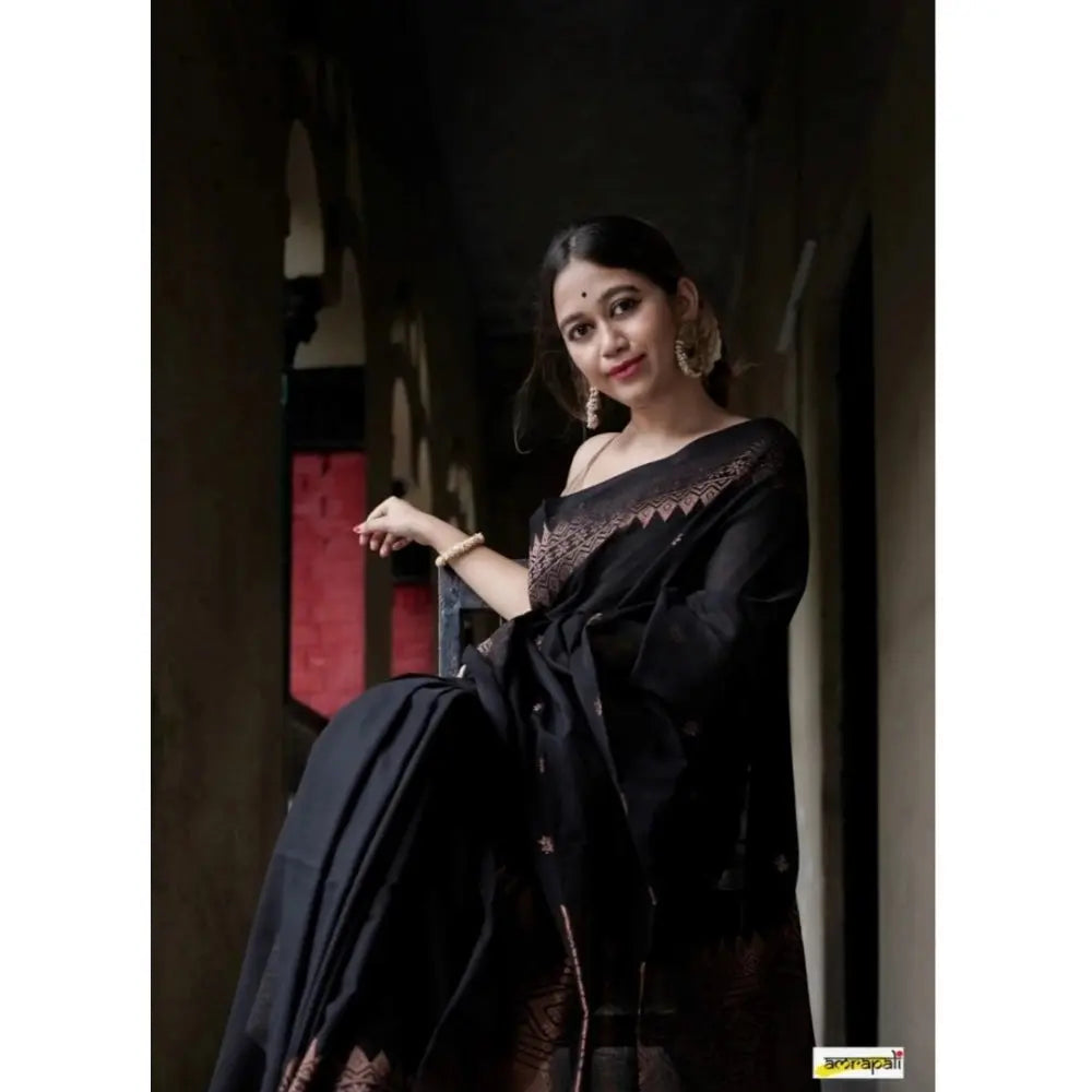 Women's Silk Printed Saree With Unstitched Blouse 5.5Mtr (Black) Kashvii