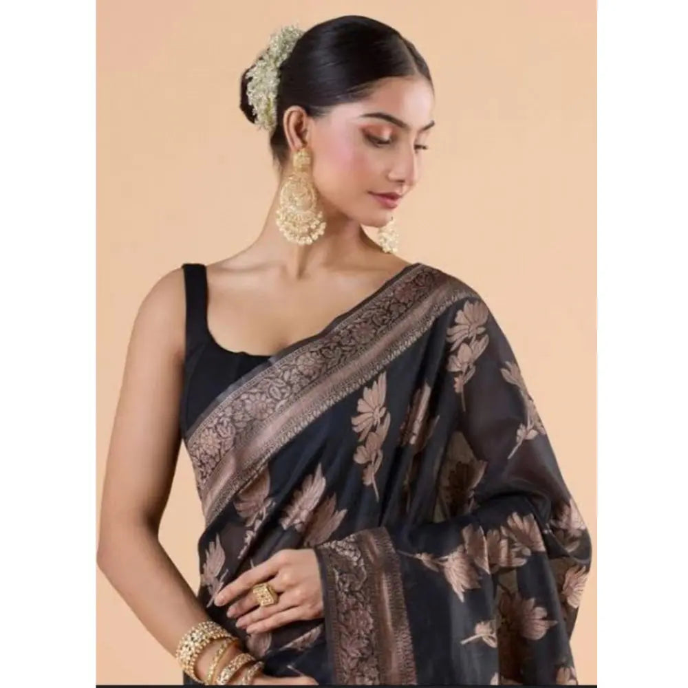 Women's Silk Printed Saree With Unstitched Blouse 5.5Mtr (Black) Kashvii
