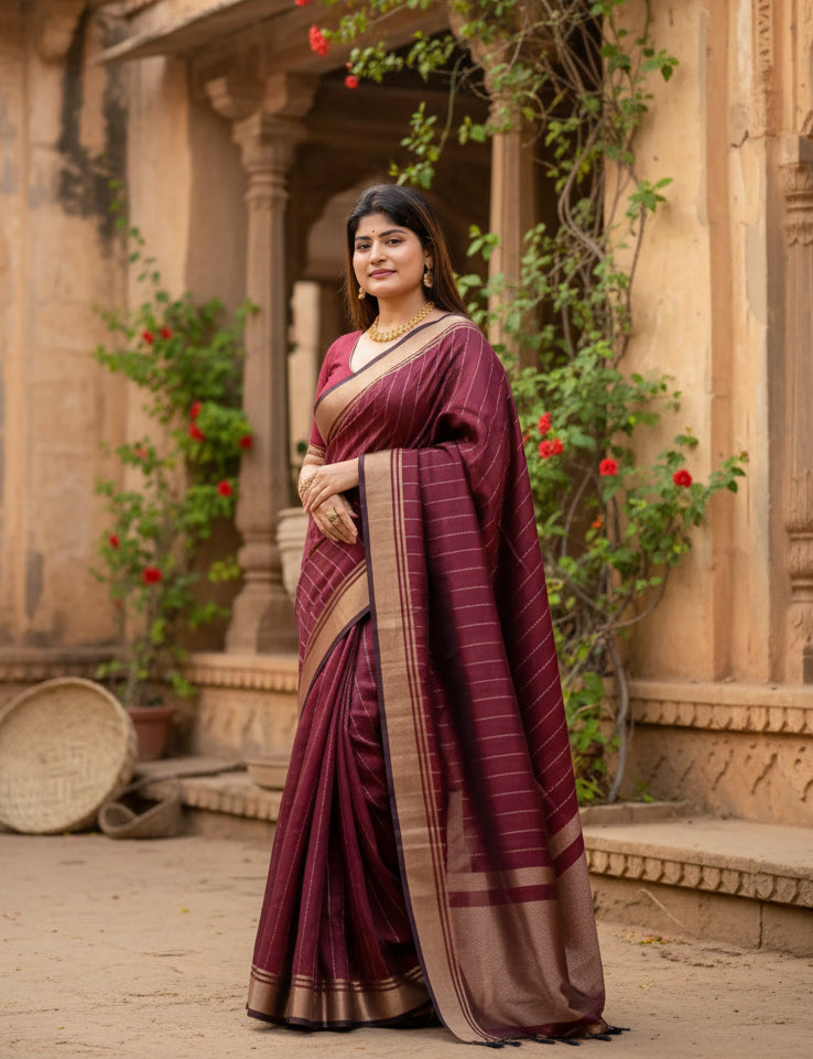 Women's maroon silk printed saree with unstitched blouse  5